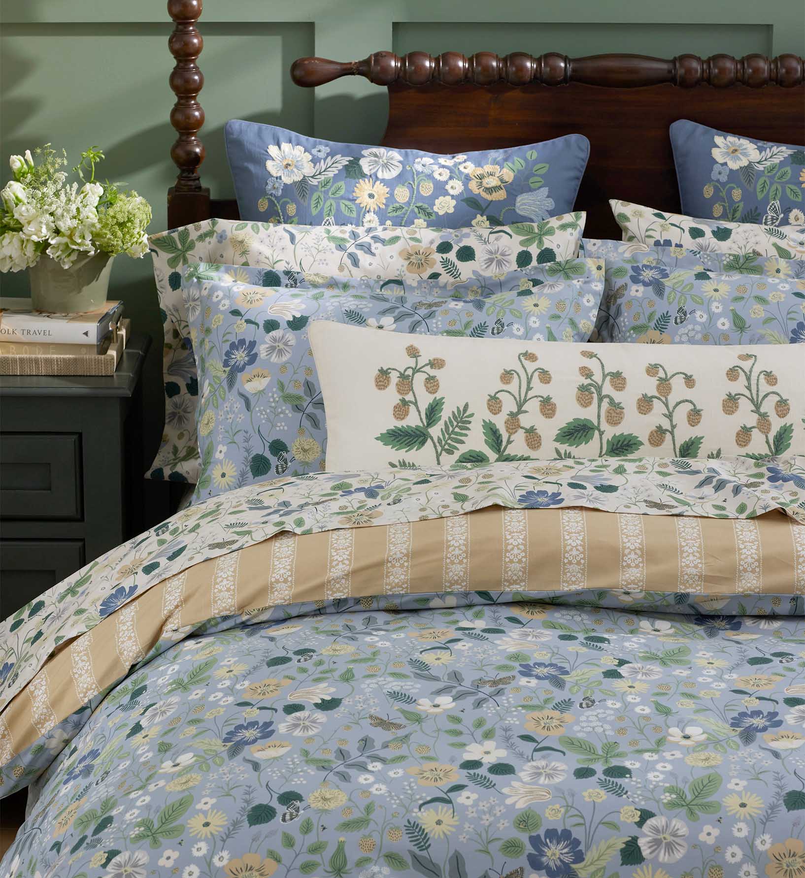 Embroidered Pillow Cover - Strawberry Fields Green