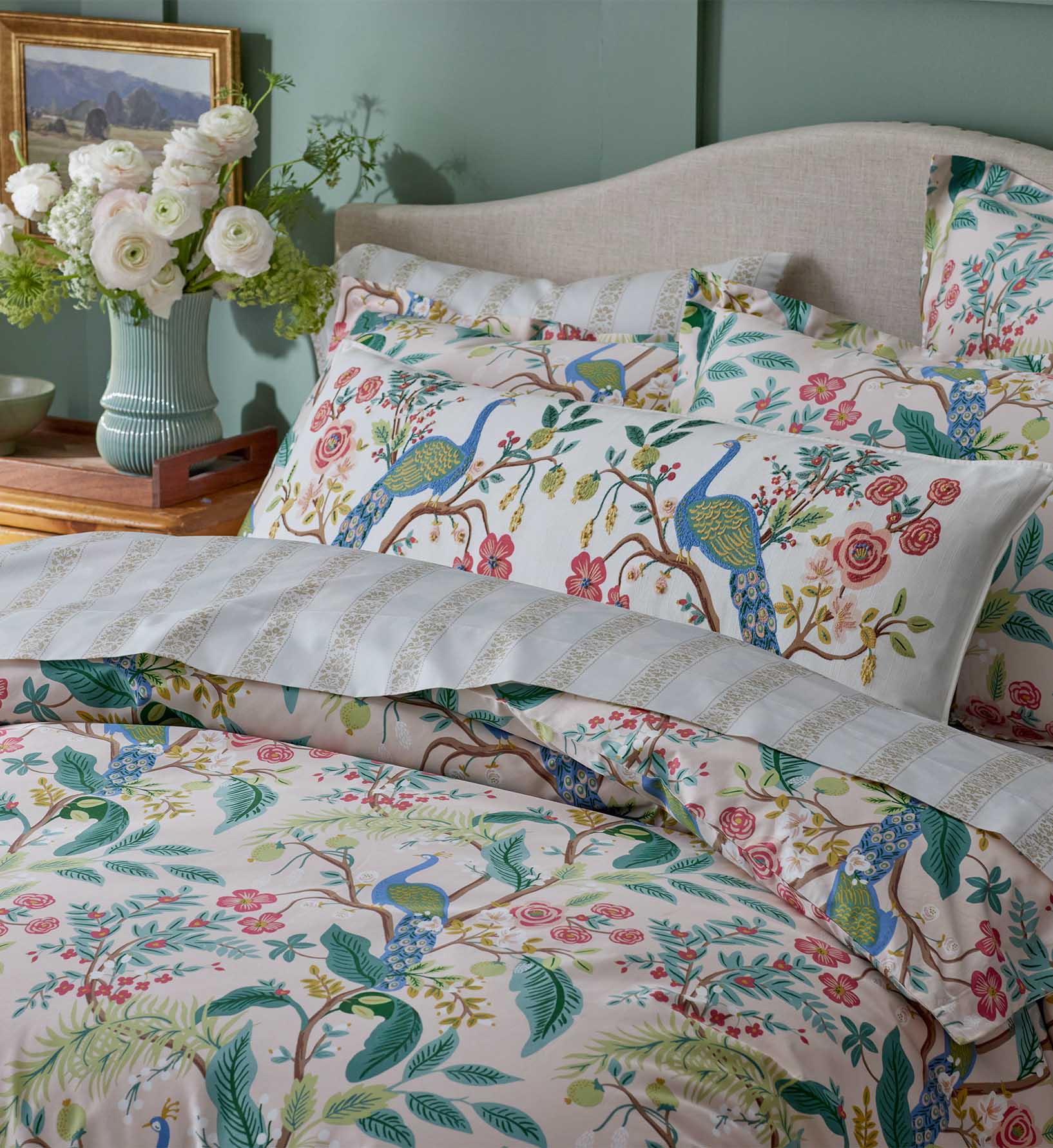 Embroidered Lumbar Pillow Cover - Peacock Ivory