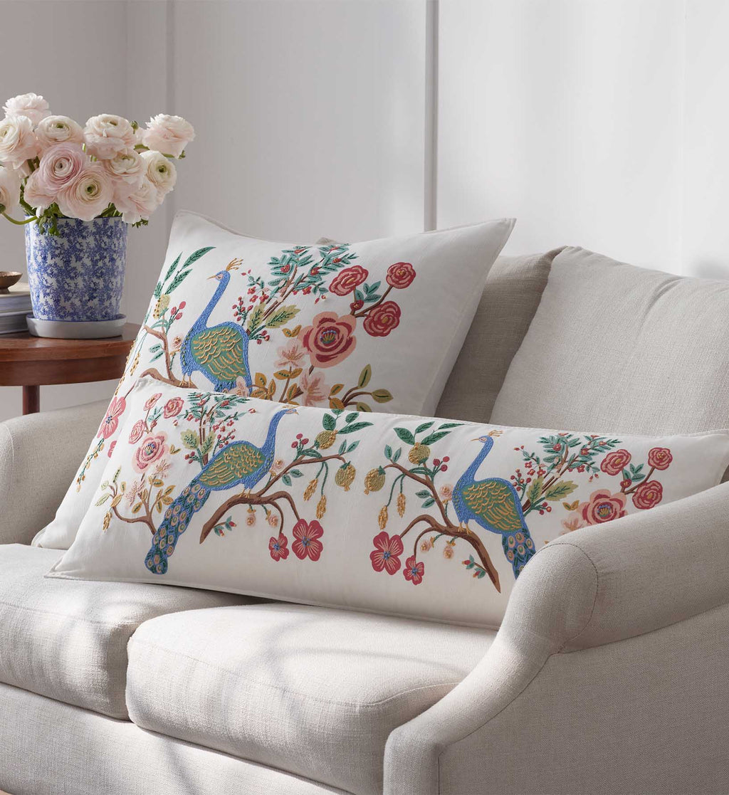 Embroidered Pillow Cover - Peacock Ivory