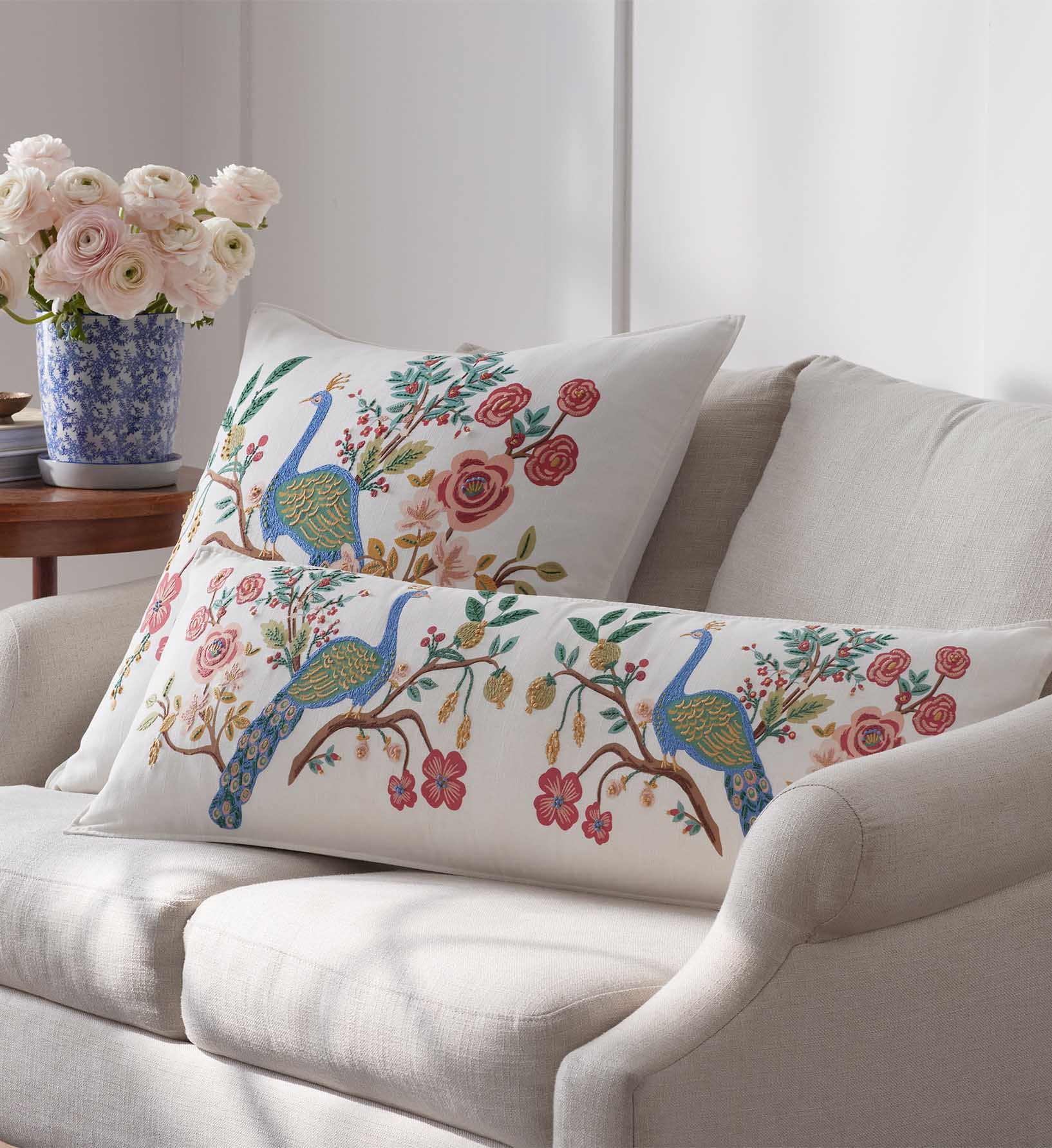 Embroidered Pillow Cover - Peacock Ivory